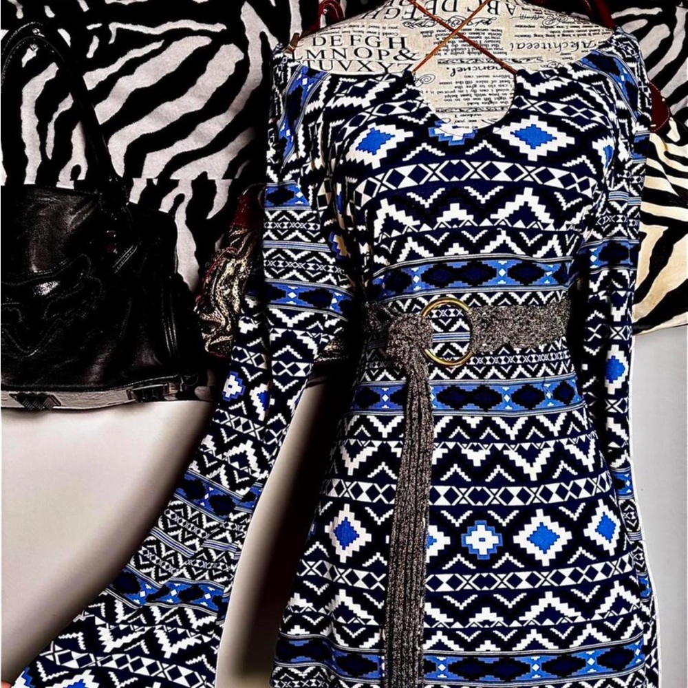 Blue and Black Patterned Women's Dress